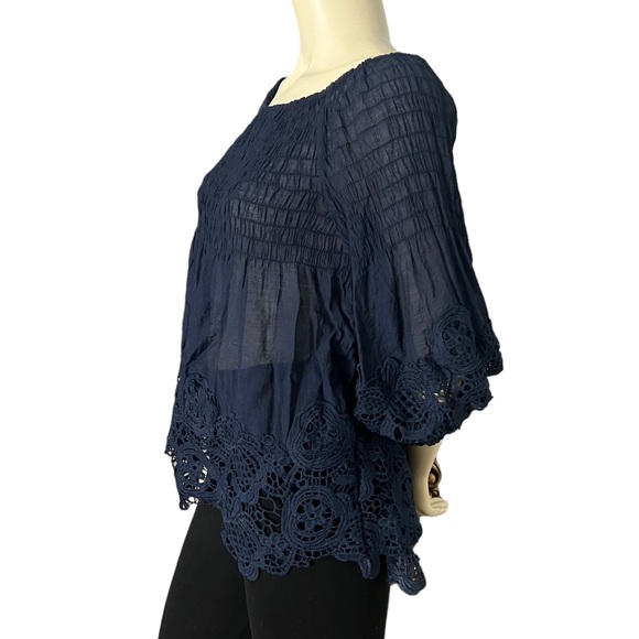 Casting |  Women’s Crochet Trim Smocked Off-The-Shoulder Top Color: Navy - Picture 9 of 17